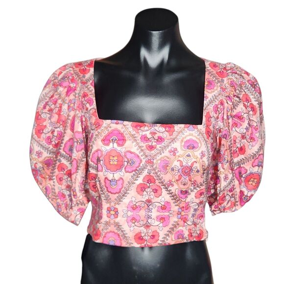 Olivaceous Floral Crop Top Size Small Balloon Sleeve Romantic Feminine Pink - Picture 1 of 11